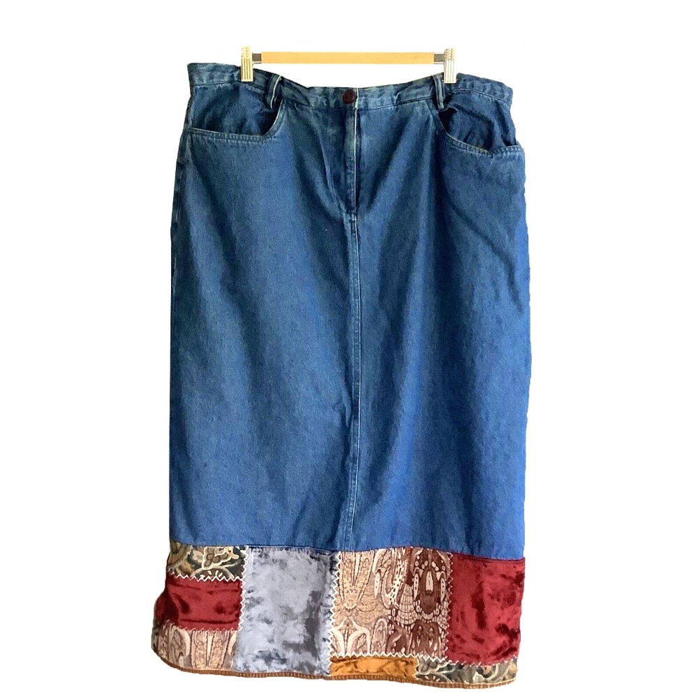 Vintage Hearts Of Palm Long Denim Skirt Velvet Patchwork Hem
